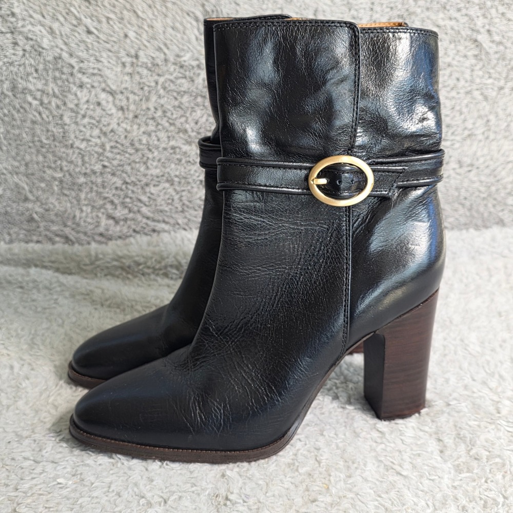 Franco Sarto Black Leather Ankle Boots Sexy High Heel Gold‎ Buckle Women 9.5